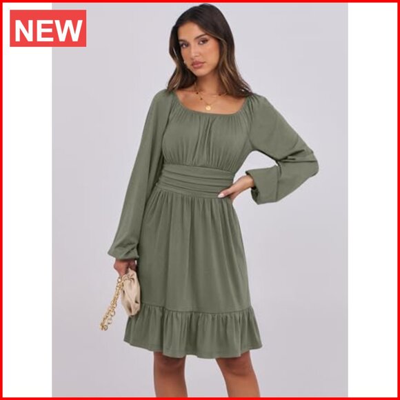 Long Lantern Sleeve Square Neck Elastic Waist Ruffle Flowy Swing A-Line Dress - Picture 2 of 7